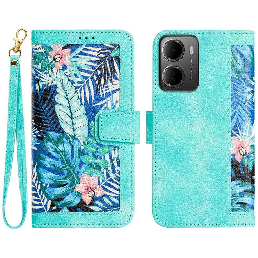 Xiaomi Redmi 15a 5G-skal i PU-läder med blommigt mobilfodral med korthållare och handledsrem