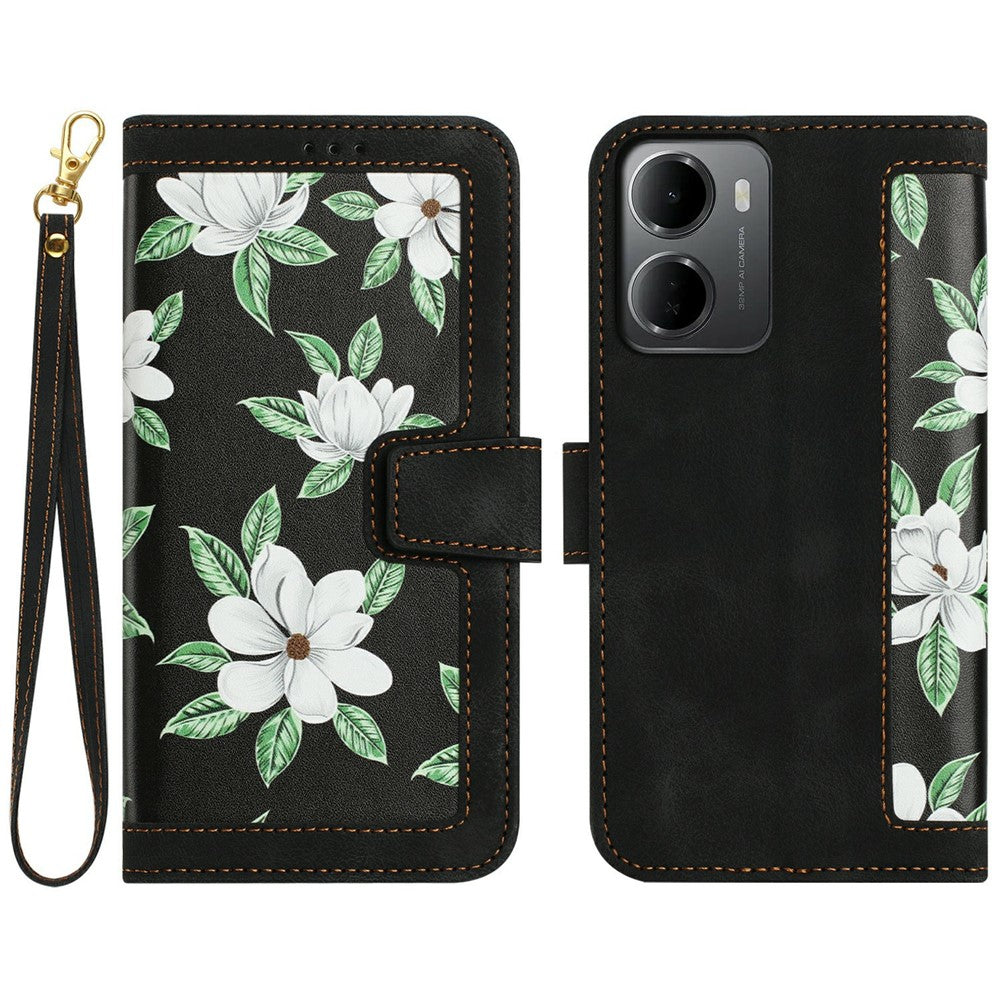 Xiaomi Redmi 15a 5G-skal i PU-läder med blommigt mobilfodral med korthållare och handledsrem