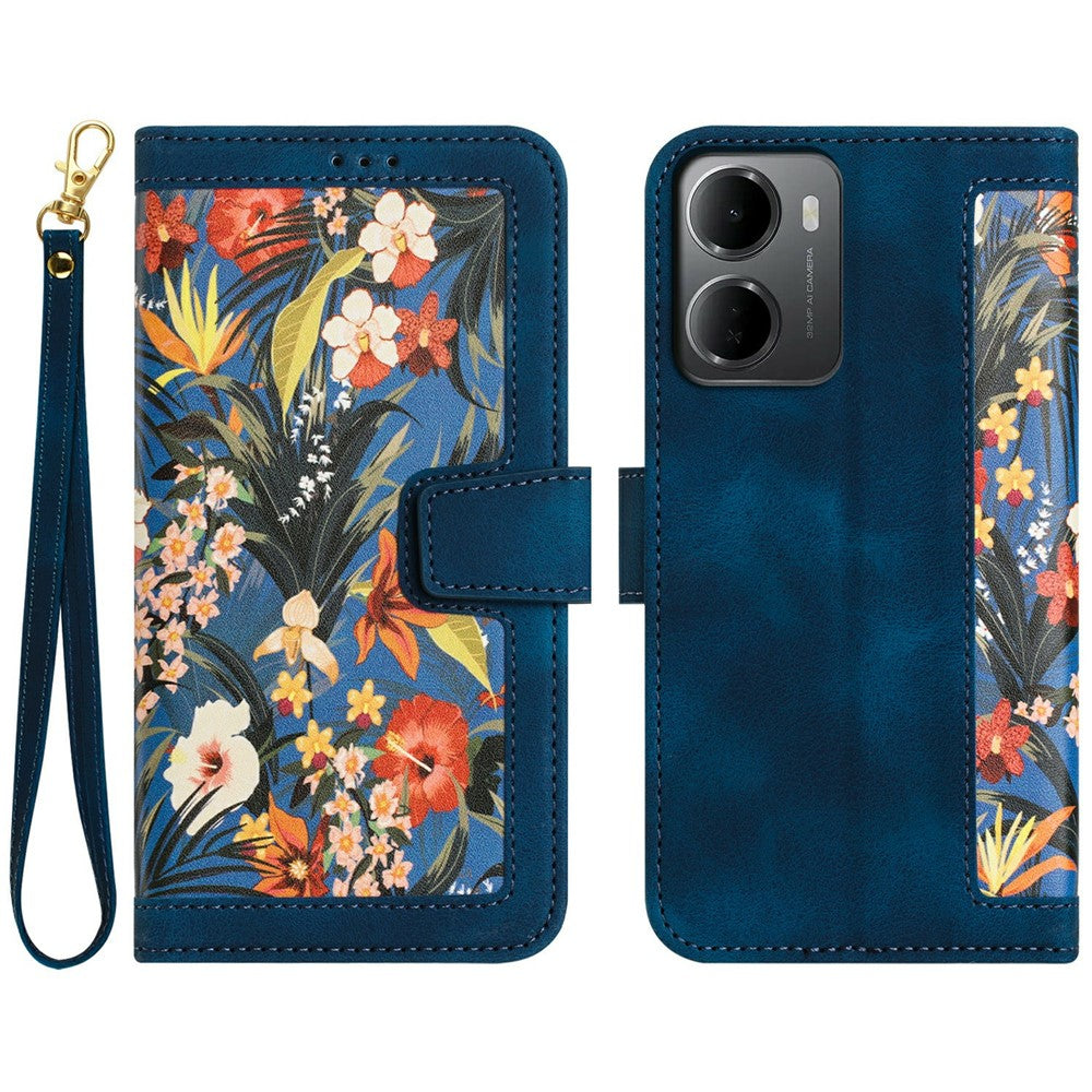Xiaomi Redmi 15a 5G-skal i PU-läder med blommigt mobilfodral med korthållare och handledsrem