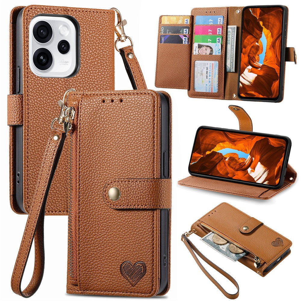 For Oppo Reno15 F 5G Case RFID Blocking Zipper Pocket Leather Wallet Phone Cover with Strap