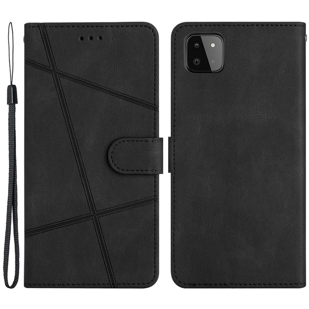 For Samsung Galaxy A22 5G (EU Version) Crazy Horse Texture PU Leather Case Imprinted Lines Wallet Stand Full Protection Flip Phone Cover with Strap