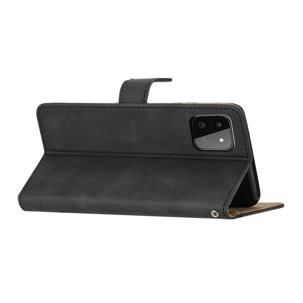 For Samsung Galaxy A22 5G (EU Version) Crazy Horse Texture PU Leather Case Imprinted Lines Wallet Stand Full Protection Flip Phone Cover with Strap