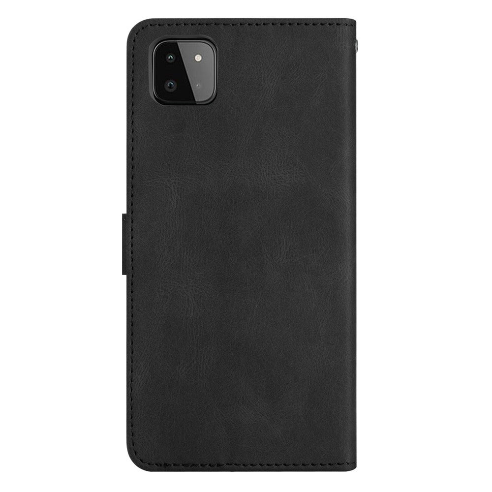 For Samsung Galaxy A22 5G (EU Version) Crazy Horse Texture PU Leather Case Imprinted Lines Wallet Stand Full Protection Flip Phone Cover with Strap