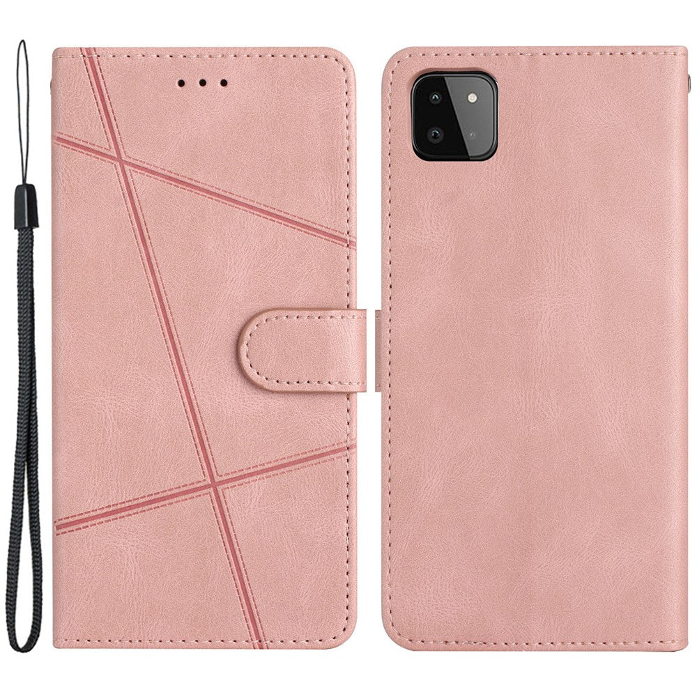 For Samsung Galaxy A22 5G (EU Version) Crazy Horse Texture PU Leather Case Imprinted Lines Wallet Stand Full Protection Flip Phone Cover with Strap