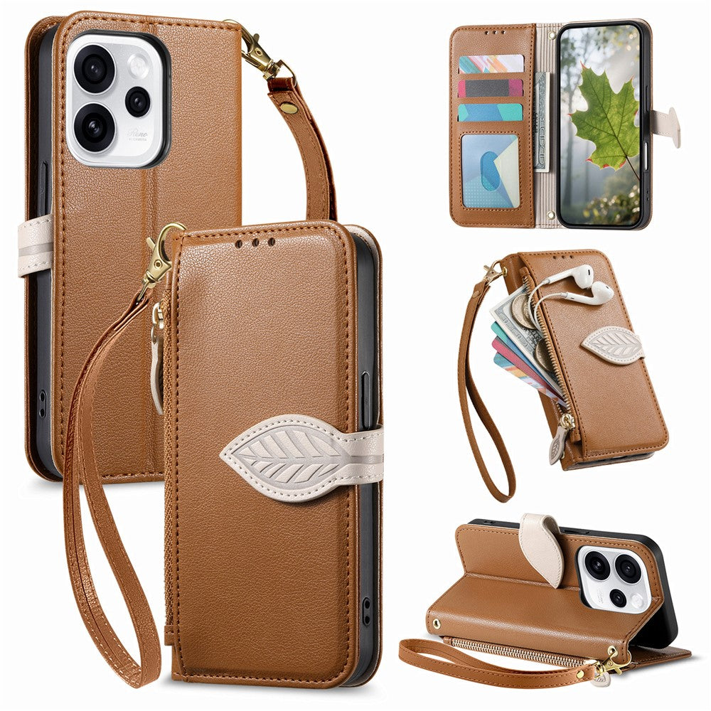For Oppo Reno15 F 5G Stand Case Leaf Shape Magnetic Clasp Leather Phone Cover with Hand Strap