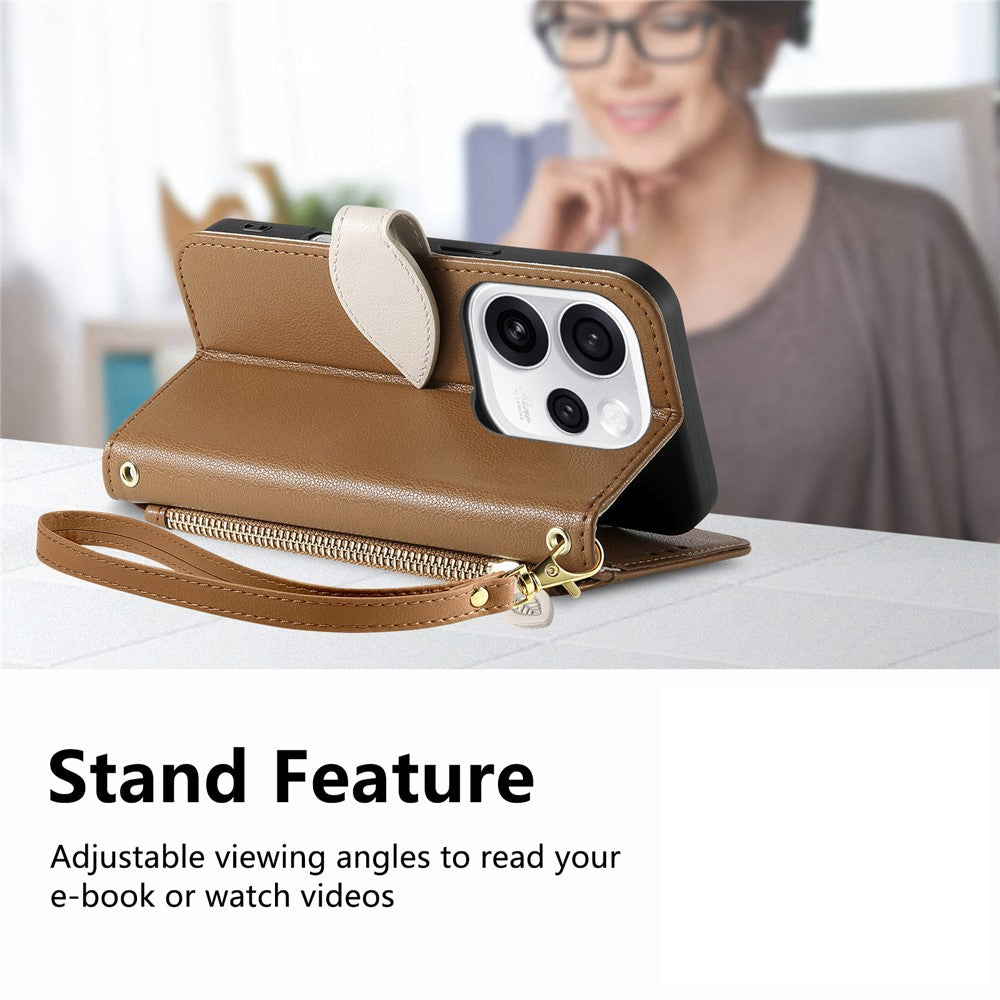 For Oppo Reno15 F 5G Stand Case Leaf Shape Magnetic Clasp Leather Phone Cover with Hand Strap