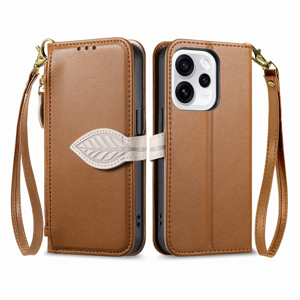 For Oppo Reno15 F 5G Stand Case Leaf Shape Magnetic Clasp Leather Phone Cover with Hand Strap