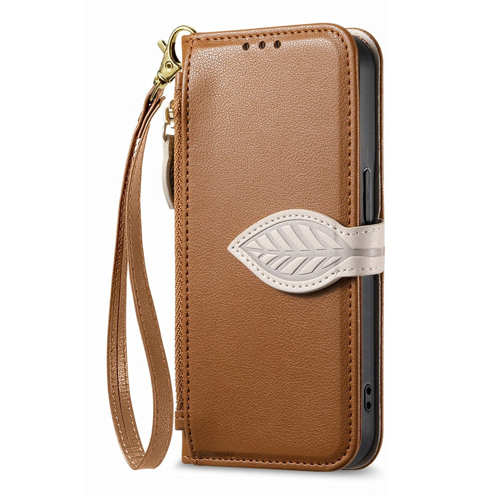 For Oppo Reno15 F 5G Stand Case Leaf Shape Magnetic Clasp Leather Phone Cover with Hand Strap