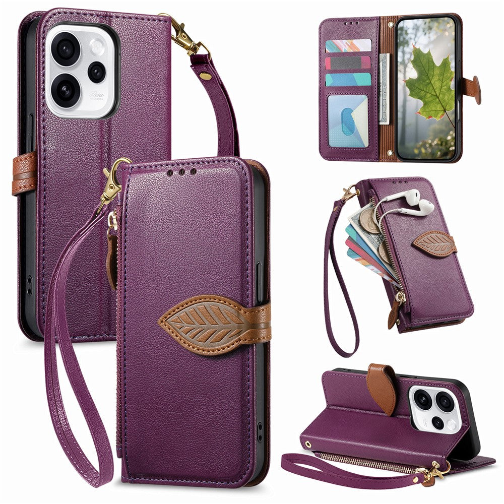 For Oppo Reno15 F 5G Stand Case Leaf Shape Magnetic Clasp Leather Phone Cover with Hand Strap