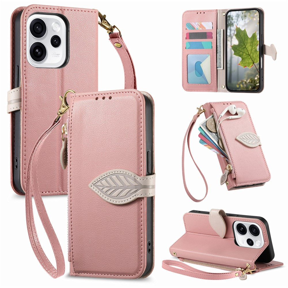 For Oppo Reno15 F 5G Stand Case Leaf Shape Magnetic Clasp Leather Phone Cover with Hand Strap