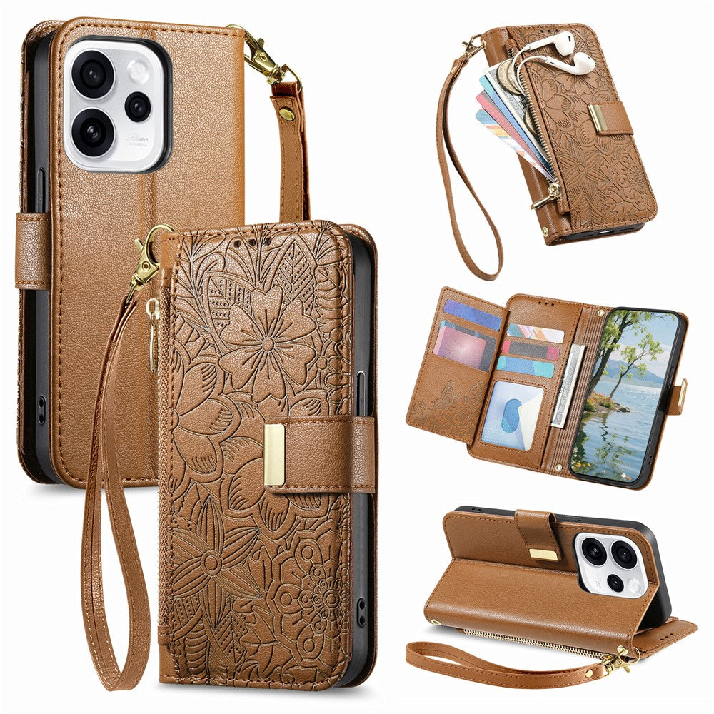For Oppo Reno15 F 5G Case Floral Leaf Pattern Multi Card Slots Zipper Leather Phone Cover with Wrist Strap