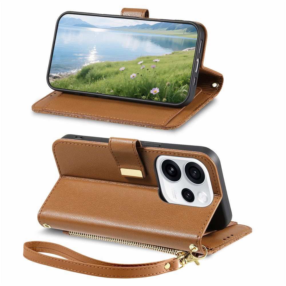 For Oppo Reno15 F 5G Case Floral Leaf Pattern Multi Card Slots Zipper Leather Phone Cover with Wrist Strap