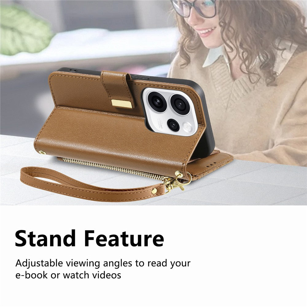 For Oppo Reno15 F 5G Case Floral Leaf Pattern Multi Card Slots Zipper Leather Phone Cover with Wrist Strap