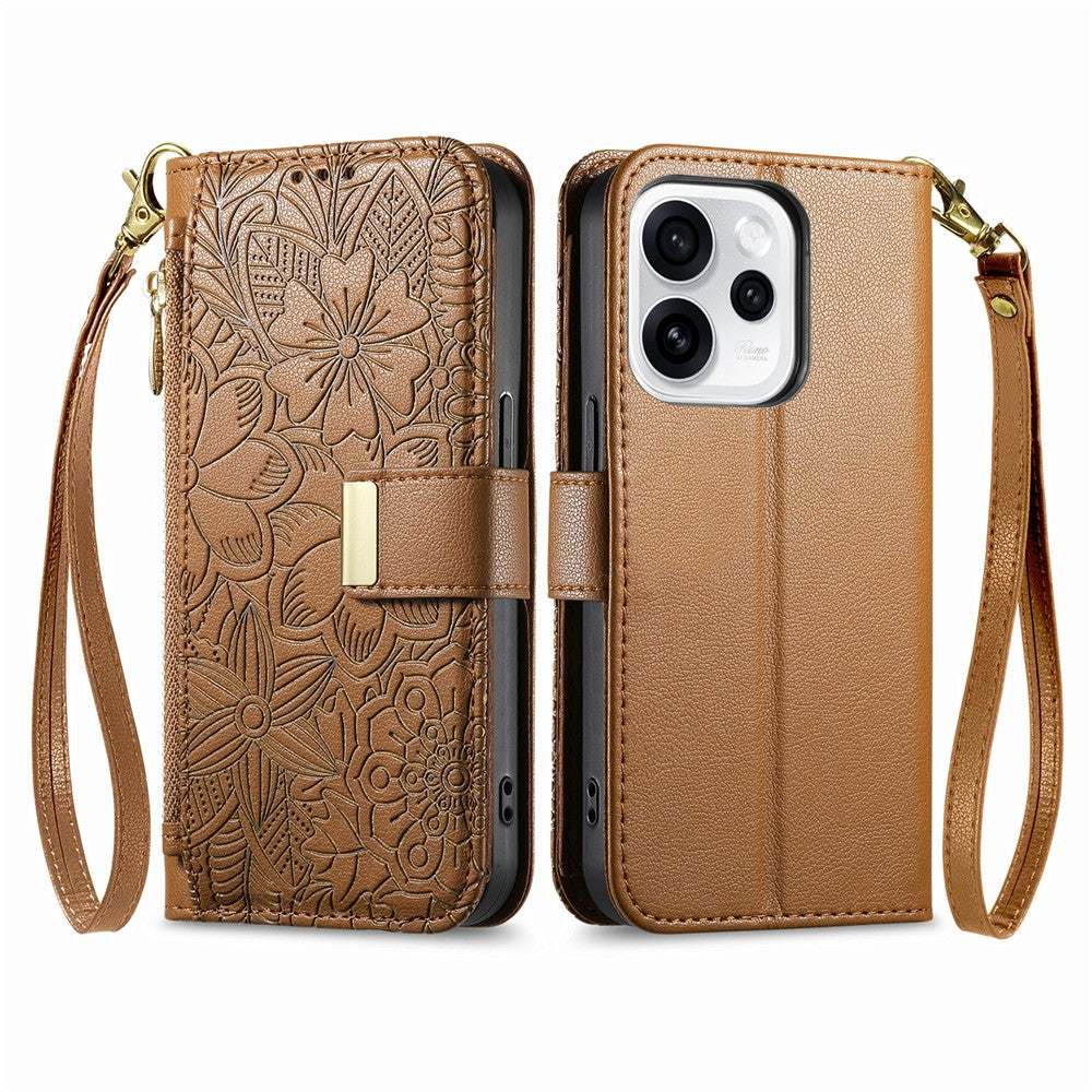 For Oppo Reno15 F 5G Case Floral Leaf Pattern Multi Card Slots Zipper Leather Phone Cover with Wrist Strap