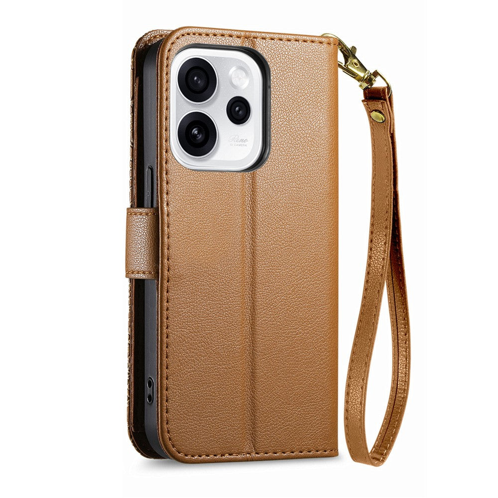 For Oppo Reno15 F 5G Case Floral Leaf Pattern Multi Card Slots Zipper Leather Phone Cover with Wrist Strap