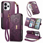 For Oppo Reno15 F 5G Case Floral Leaf Pattern Multi Card Slots Zipper Leather Phone Cover with Wrist Strap