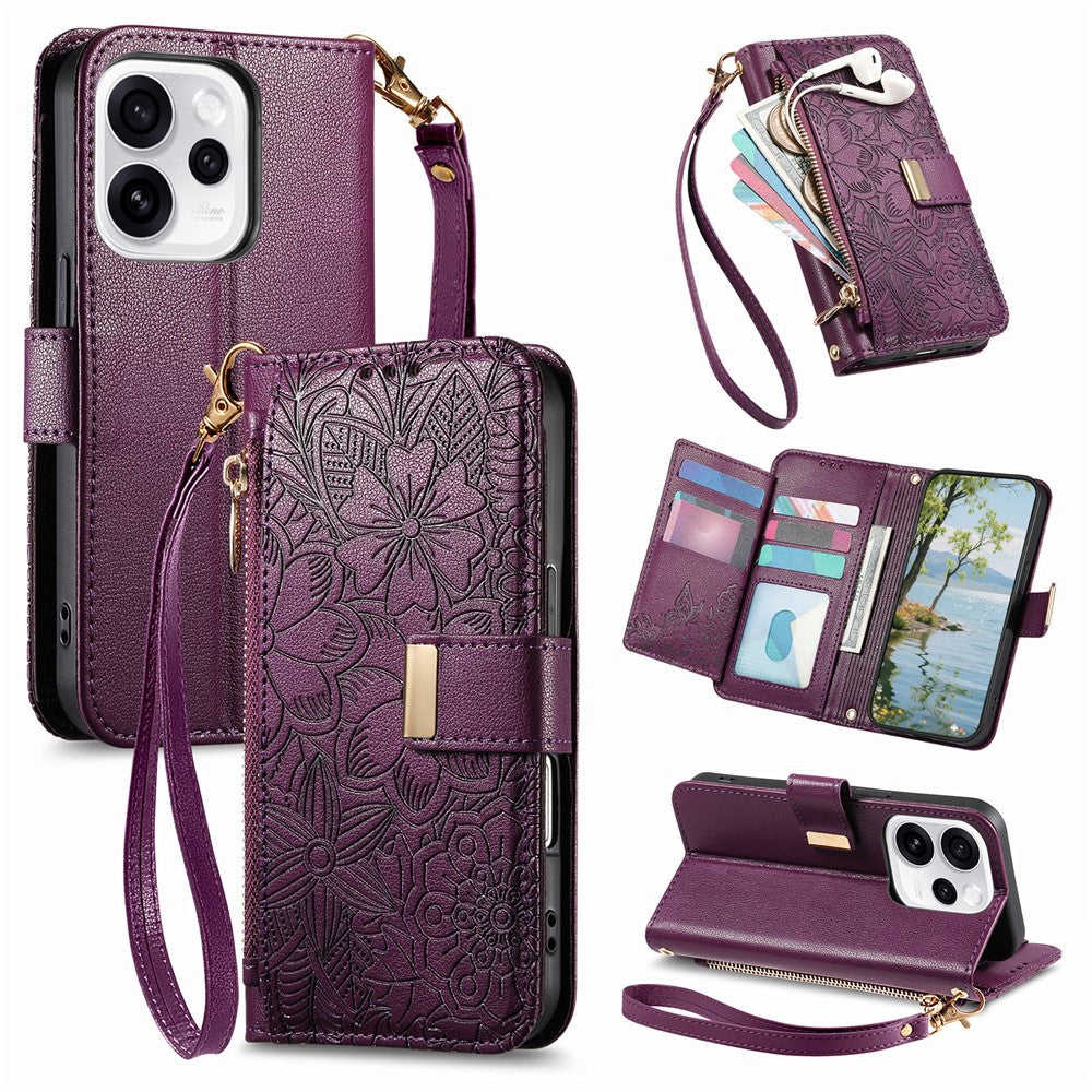 For Oppo Reno15 F 5G Case Floral Leaf Pattern Multi Card Slots Zipper Leather Phone Cover with Wrist Strap