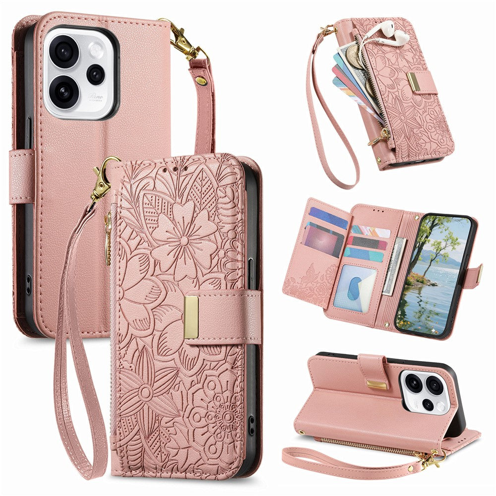 For Oppo Reno15 F 5G Case Floral Leaf Pattern Multi Card Slots Zipper Leather Phone Cover with Wrist Strap