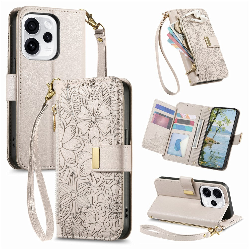 For Oppo Reno15 F 5G Case Floral Leaf Pattern Multi Card Slots Zipper Leather Phone Cover with Wrist Strap