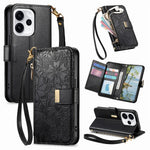 For Oppo Reno15 F 5G Case Floral Leaf Pattern Multi Card Slots Zipper Leather Phone Cover with Wrist Strap
