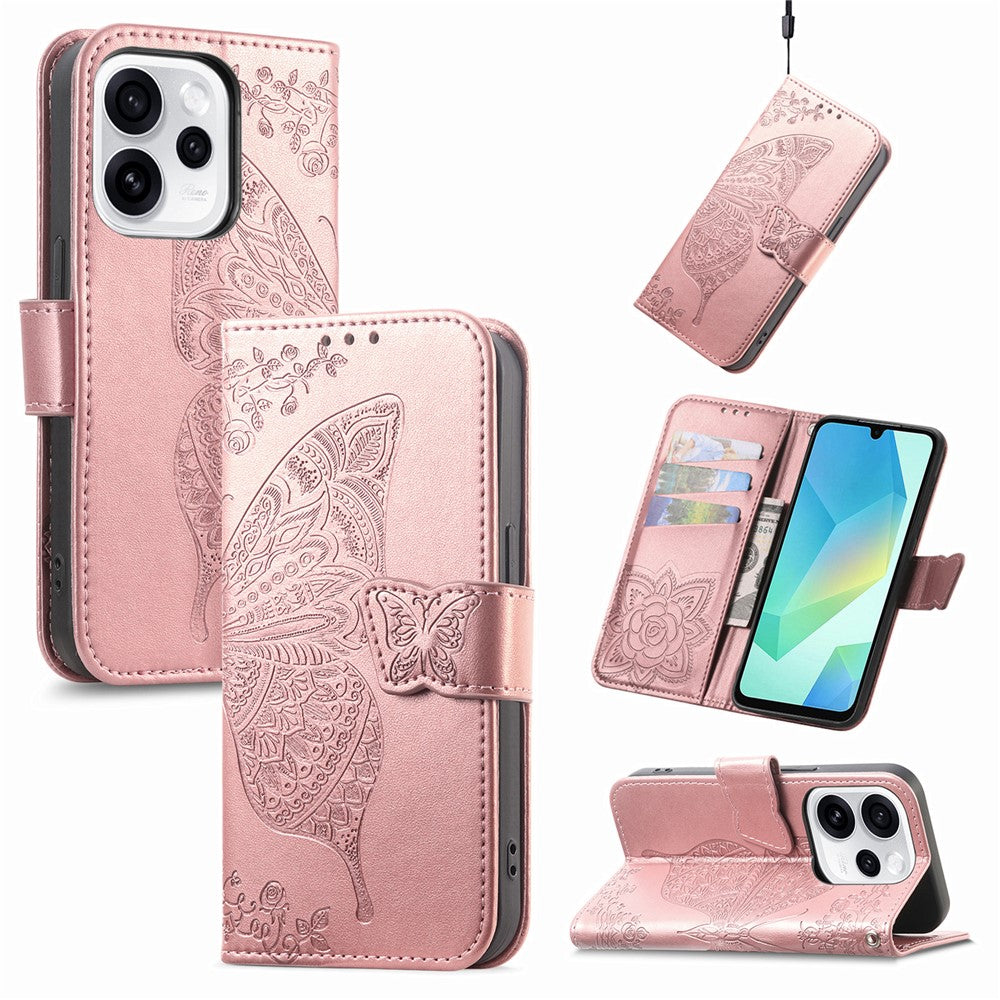 For Oppo Reno15 F 5G Case with Strap Butterfly Pattern PU Leather Wallet Phone Cover