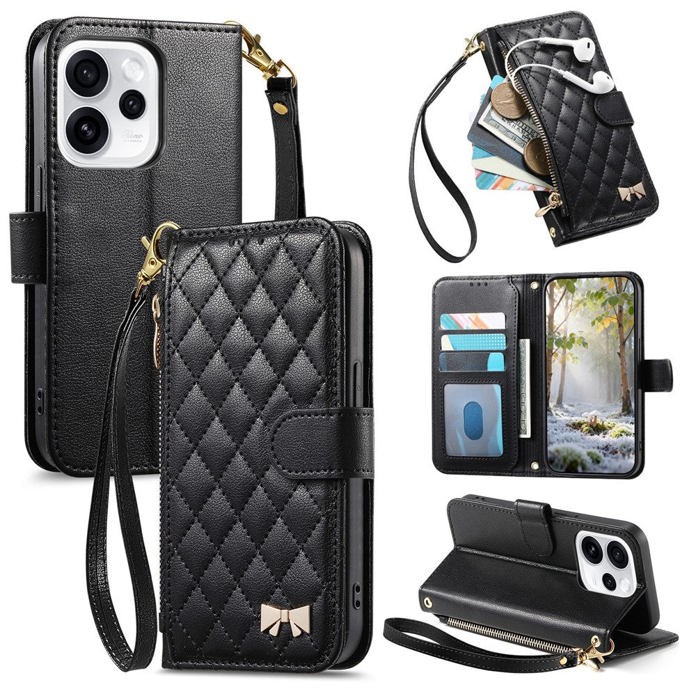 For Oppo Reno15 F 5G Stand Case Imprint TPU PU Leather Zipper Pocket Wallet Phone Cover with Strap