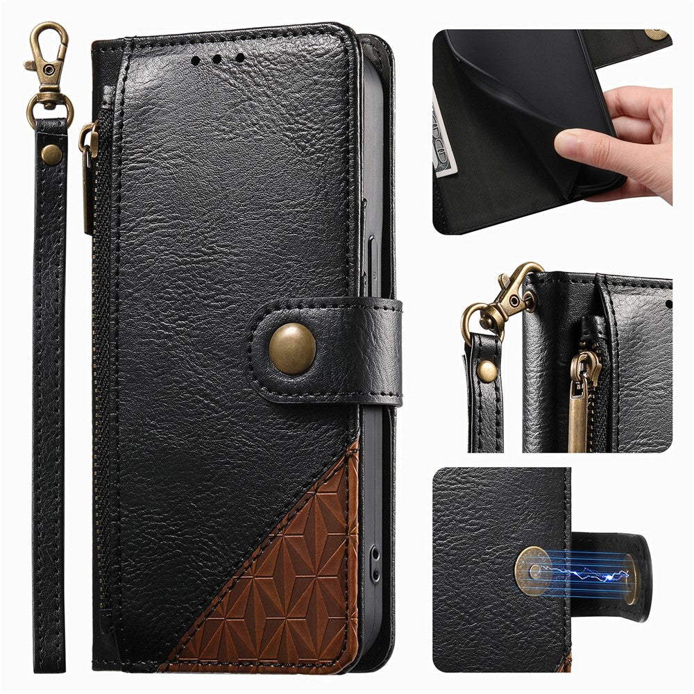 For Oppo Reno15 F 5G Case Color Splicing TPU PU Leather Flip Shockproof Phone Cover with Wrist Strap