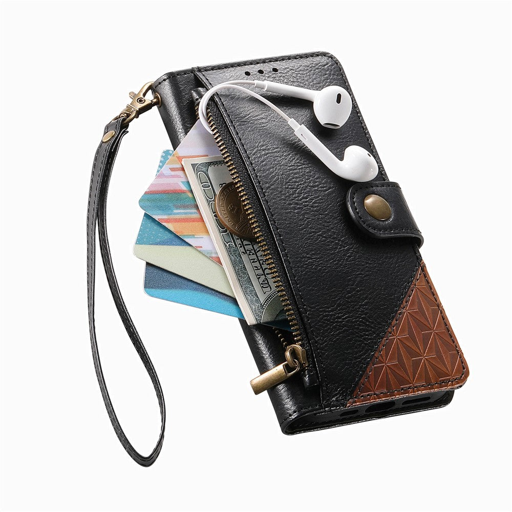 For Oppo Reno15 F 5G Case Color Splicing TPU PU Leather Flip Shockproof Phone Cover with Wrist Strap