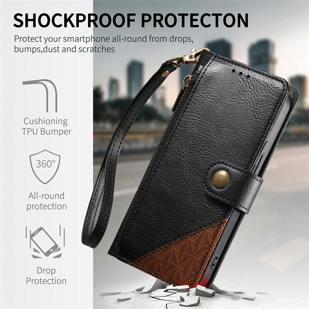 For Oppo Reno15 F 5G Case Color Splicing TPU PU Leather Flip Shockproof Phone Cover with Wrist Strap