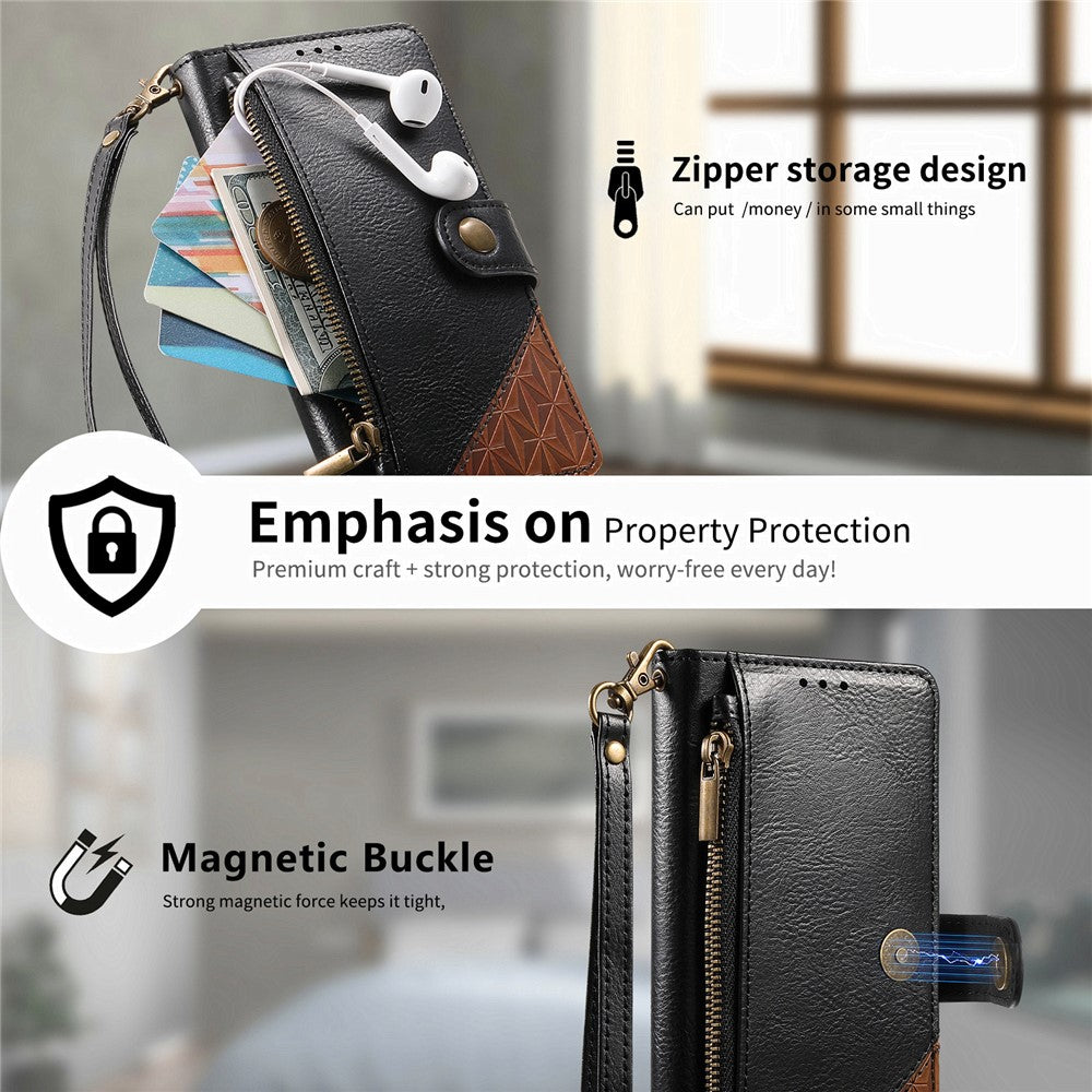 For Oppo Reno15 F 5G Case Color Splicing TPU PU Leather Flip Shockproof Phone Cover with Wrist Strap