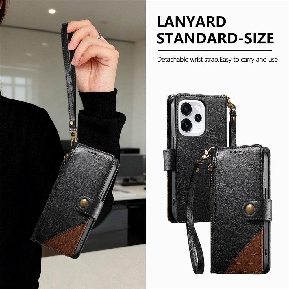 For Oppo Reno15 F 5G Case Color Splicing TPU PU Leather Flip Shockproof Phone Cover with Wrist Strap