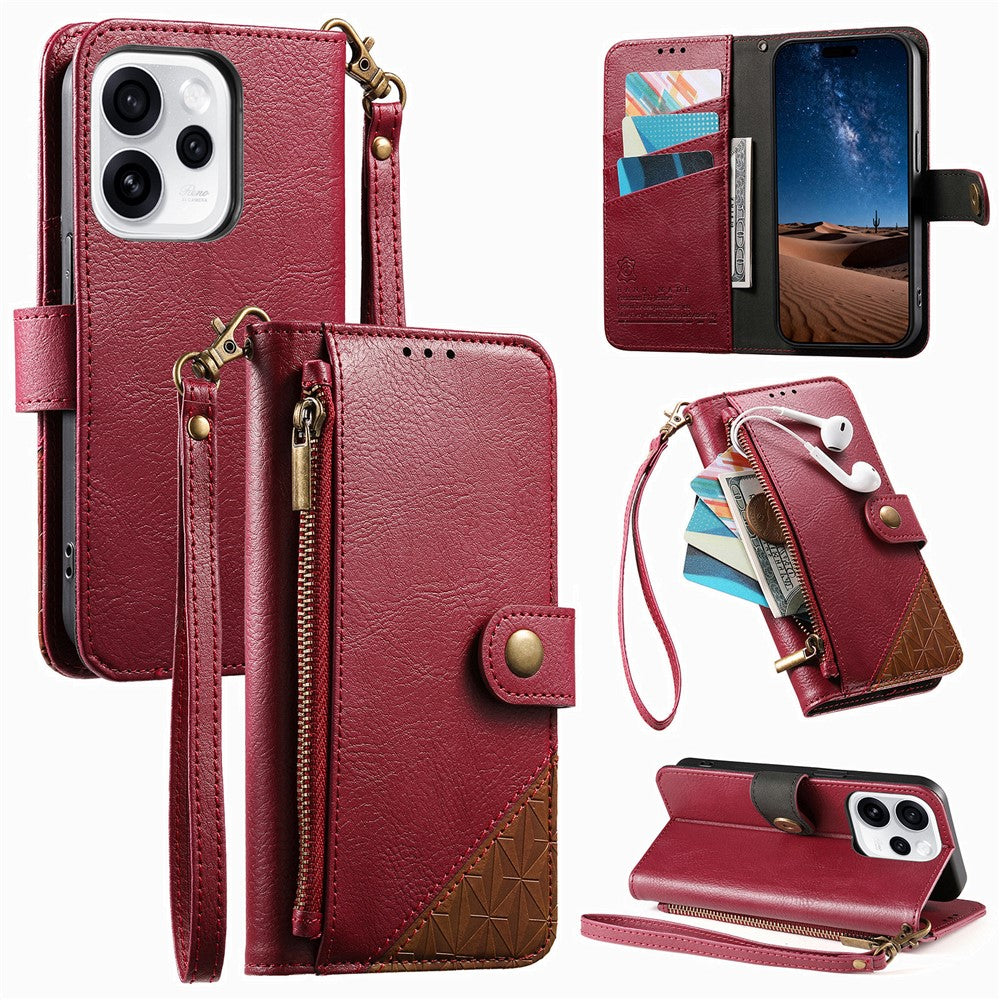 For Oppo Reno15 F 5G Case Color Splicing TPU PU Leather Flip Shockproof Phone Cover with Wrist Strap