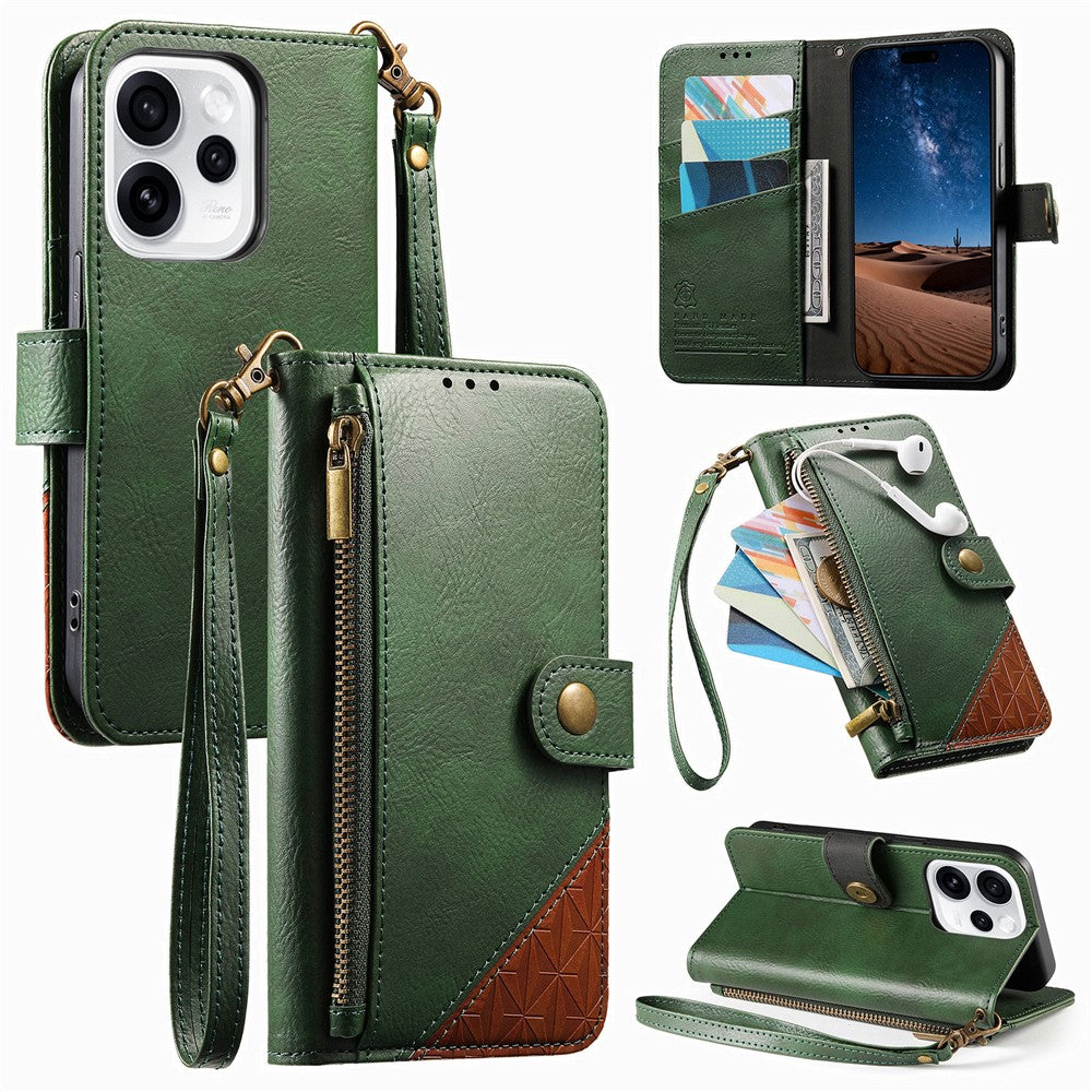 For Oppo Reno15 F 5G Case Color Splicing TPU PU Leather Flip Shockproof Phone Cover with Wrist Strap