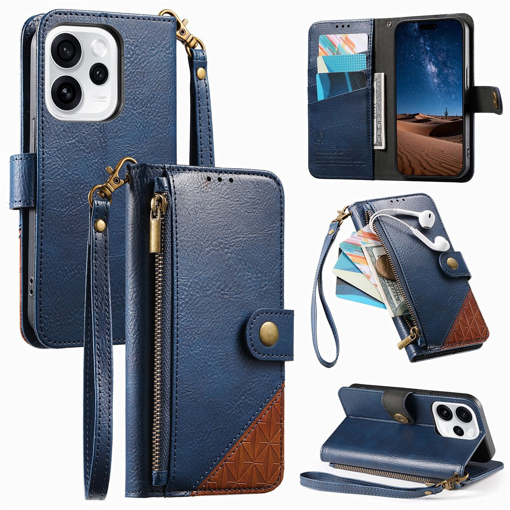 For Oppo Reno15 F 5G Case Color Splicing TPU PU Leather Flip Shockproof Phone Cover with Wrist Strap