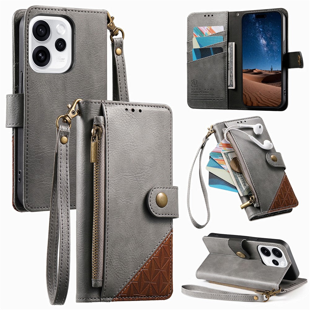 For Oppo Reno15 F 5G Case Color Splicing TPU PU Leather Flip Shockproof Phone Cover with Wrist Strap