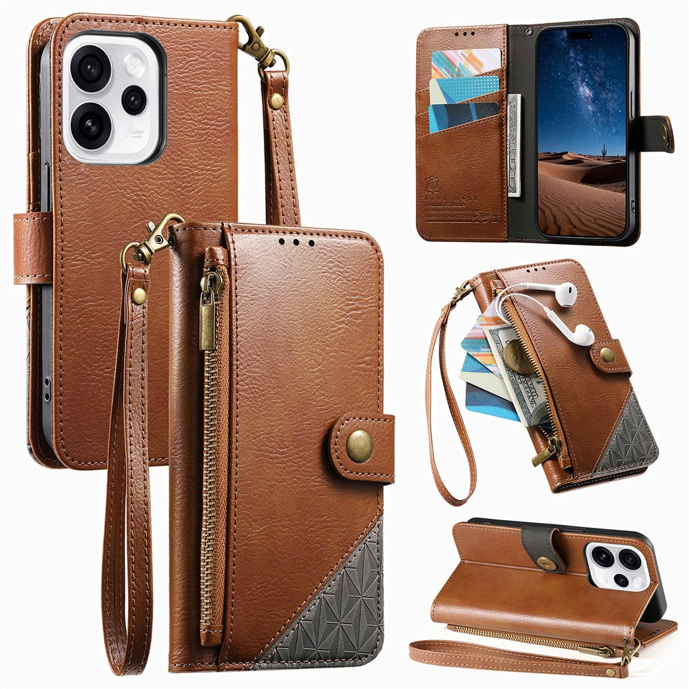 For Oppo Reno15 F 5G Case Color Splicing TPU PU Leather Flip Shockproof Phone Cover with Wrist Strap