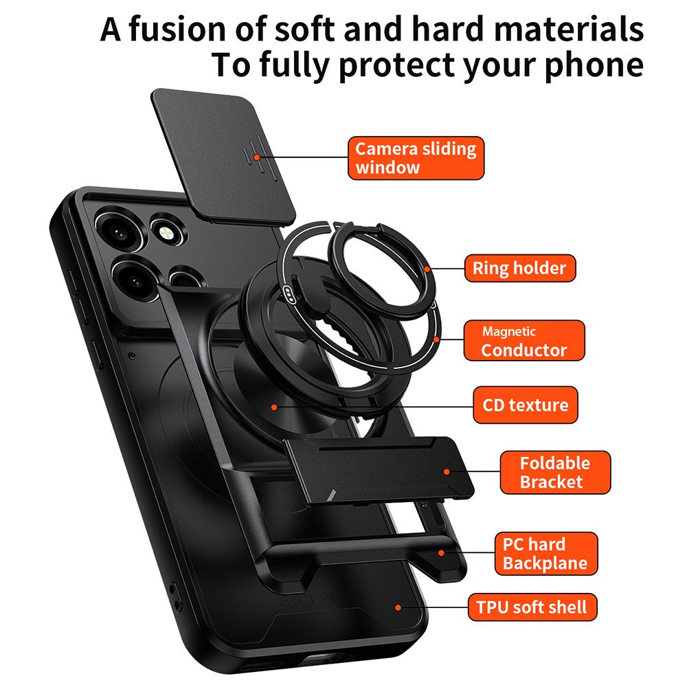 OnePlus Nord CE6 5G / Nord 6 5G / Turbo 6V 5G / Turbo 6 5G Magnetiskt skal Ringhållare Vikbart Stativ TPU PC mobilskal med Kameralinsreglage