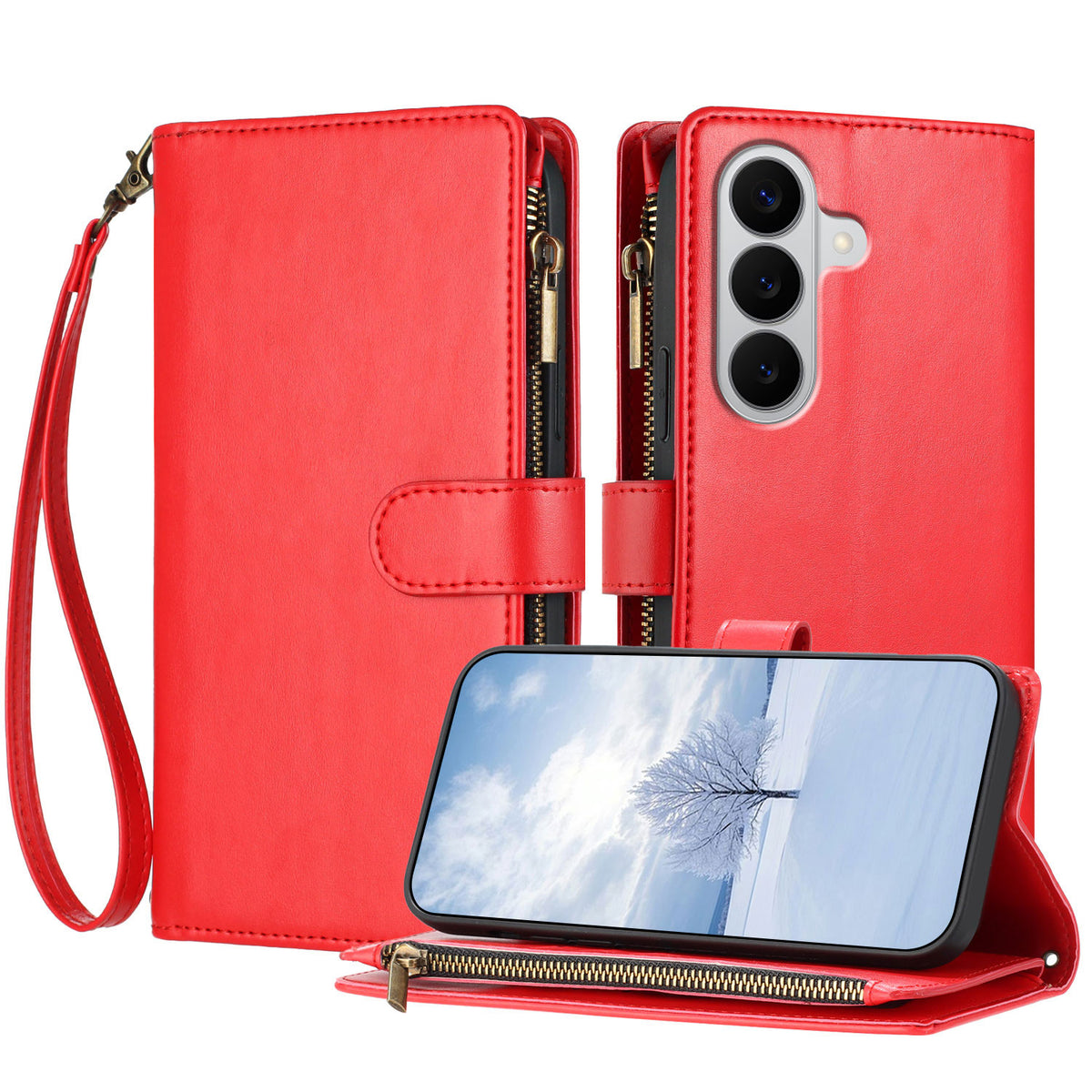 For Samsung Galaxy A27 5G / M47 5G Leather Case Zipper Wallet Stand Shockproof Phone Cover with Wrist Strap