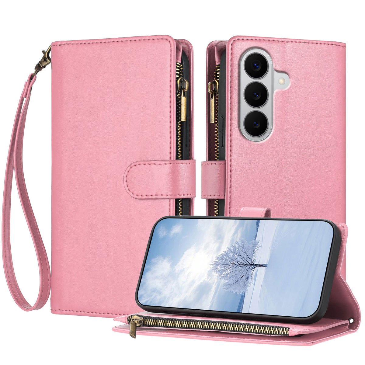 For Samsung Galaxy A27 5G / M47 5G Leather Case Zipper Wallet Stand Shockproof Phone Cover with Wrist Strap