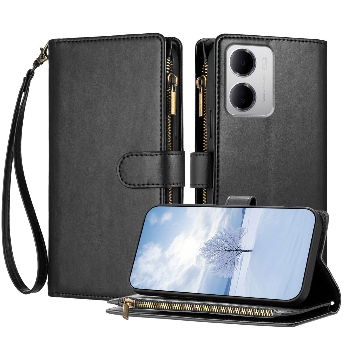 For Xiaomi Redmi 15a 5G Leather Case Zipper Wallet Stand Shockproof Phone Cover with Wrist Strap
