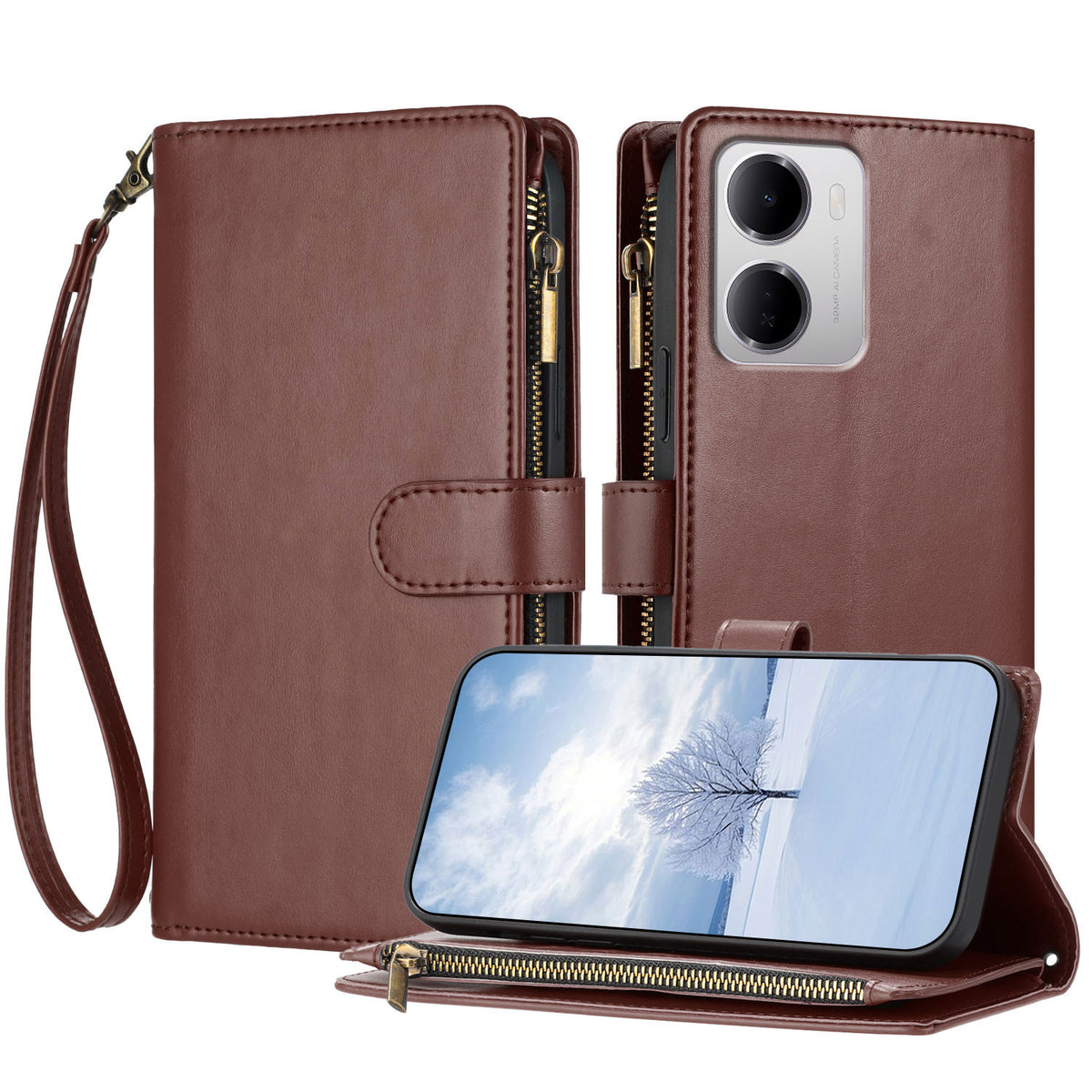 For Xiaomi Redmi 15a 5G Leather Case Zipper Wallet Stand Shockproof Phone Cover with Wrist Strap