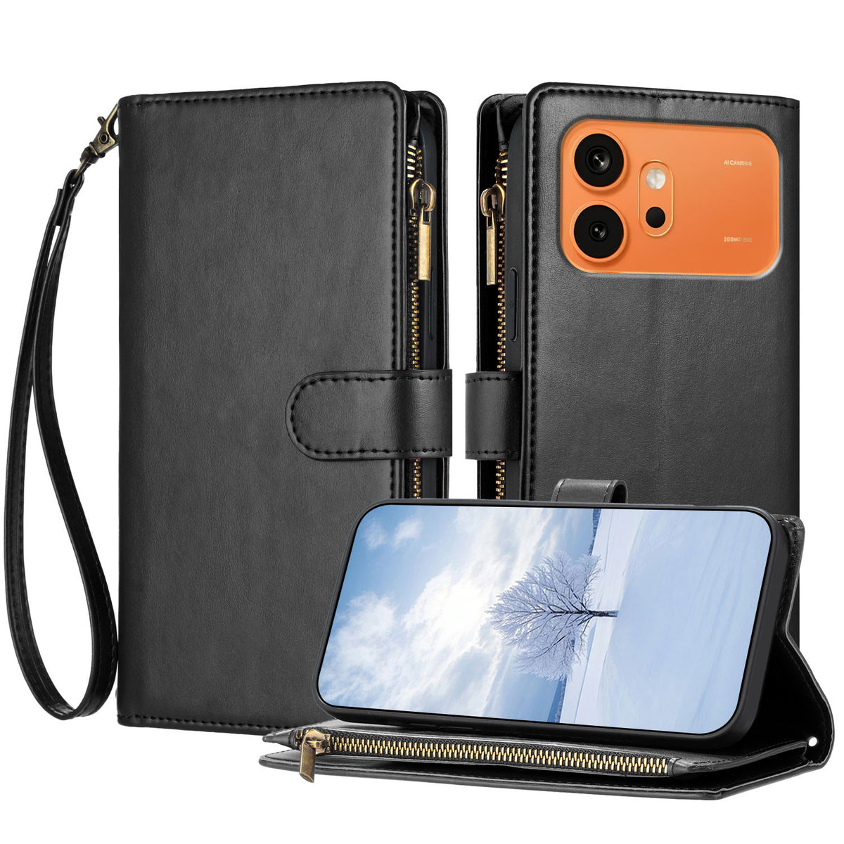 For Honor 600 Pro 5G / Honor 600 5G Leather Case Zipper Wallet Stand Shockproof Phone Cover with Wrist Strap