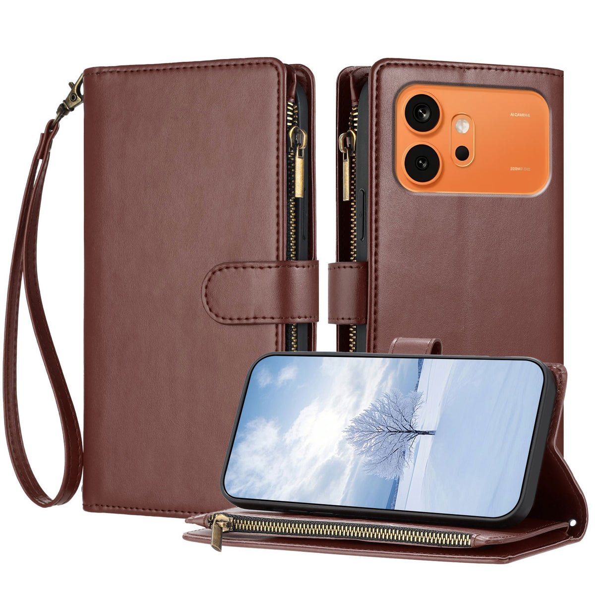 For Honor 600 Pro 5G / Honor 600 5G Leather Case Zipper Wallet Stand Shockproof Phone Cover with Wrist Strap