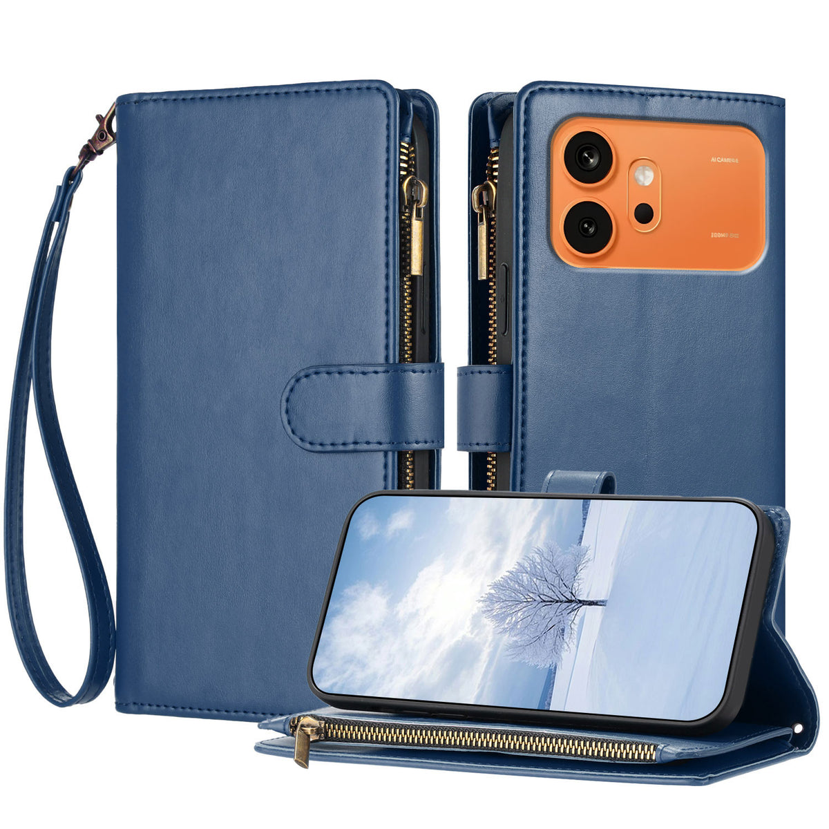 For Honor 600 Pro 5G / Honor 600 5G Leather Case Zipper Wallet Stand Shockproof Phone Cover with Wrist Strap
