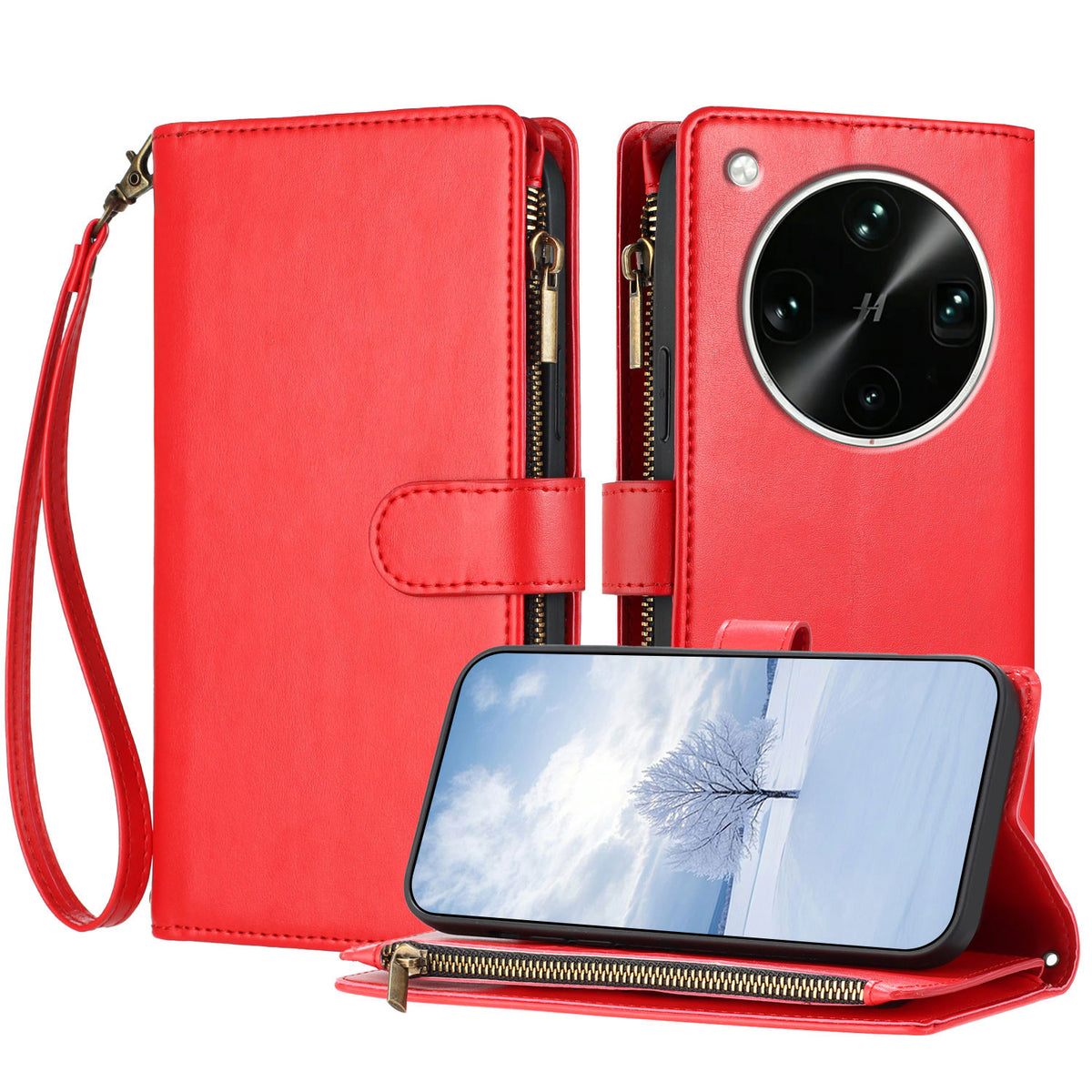 For Oppo Find X9 Ultra 5G Leather Case Zipper Wallet Stand Shockproof Phone Cover with Wrist Strap