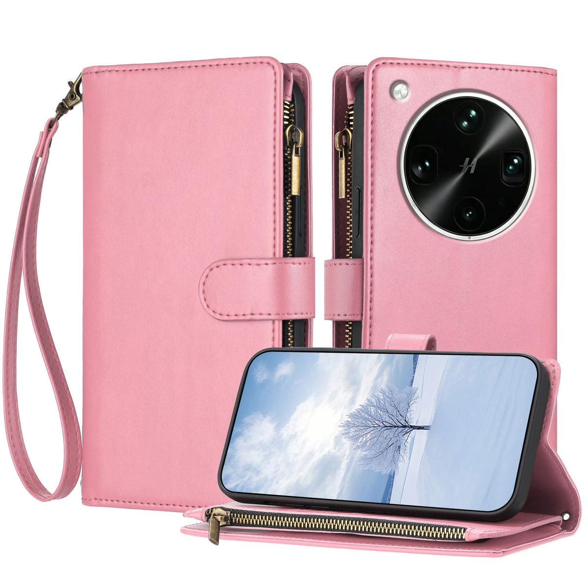 For Oppo Find X9 Ultra 5G Leather Case Zipper Wallet Stand Shockproof Phone Cover with Wrist Strap