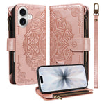 For iPhone 17 Wallet Case 9 Card Slots RFID Blocking Mandala Embossed Leather Flip Cover with Wrist Strap
