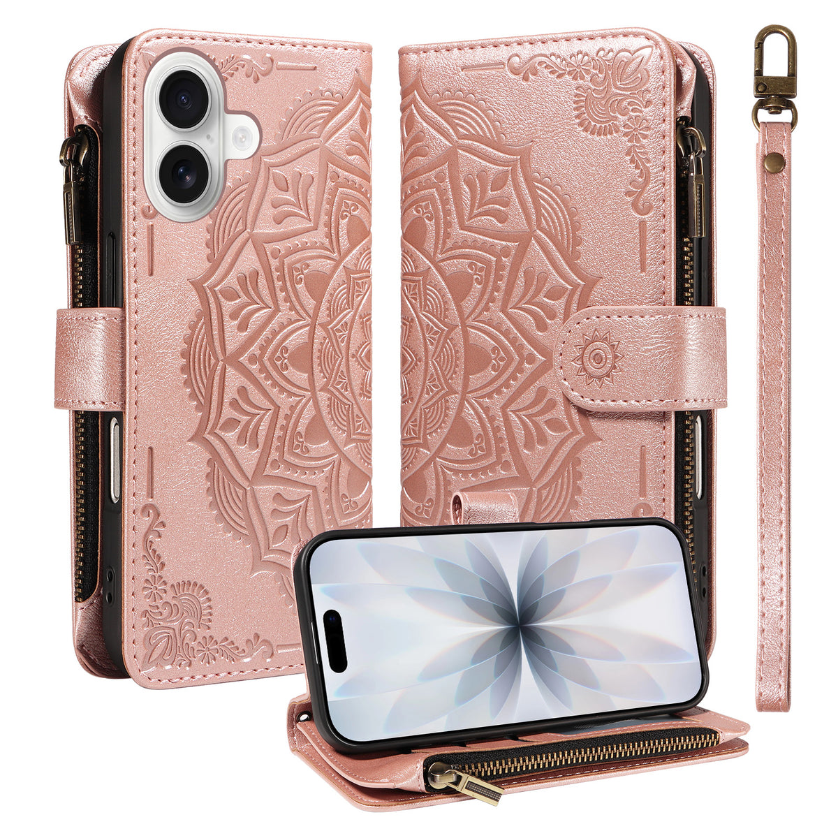 For iPhone 17 Wallet Case 9 Card Slots RFID Blocking Mandala Embossed Leather Flip Cover with Wrist Strap