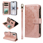 For iPhone 17 Wallet Case 9 Card Slots RFID Blocking Mandala Embossed Leather Flip Cover with Wrist Strap