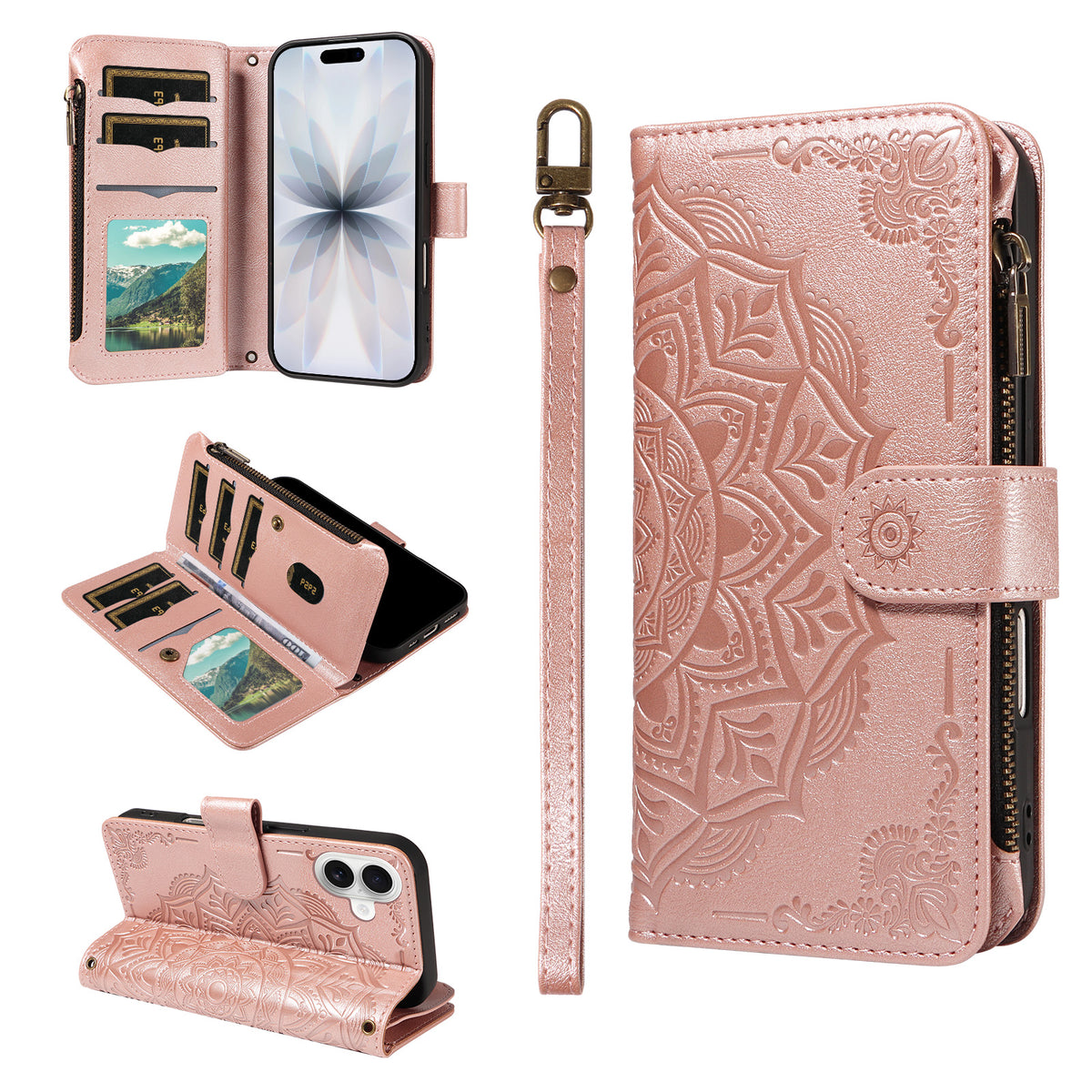 For iPhone 17 Wallet Case 9 Card Slots RFID Blocking Mandala Embossed Leather Flip Cover with Wrist Strap